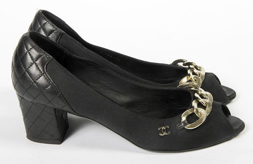 Chanel-Black open toe with quilted heels, gold chain: Chanel-Black open toe with quilted heels, gold chain and logo, size 37