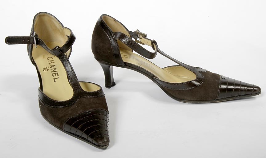 Chanel-Brown suede and leather sandals with pointed toe: Chanel-Brown suede and leather sandals with pointed toe and strap, size 37 1/2All shoes are in average or better condition. This lady took good care of her items.