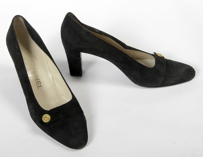 Chanel-Black suede heels with straps with gold logo: Chanel-Black suede heels with straps with gold logo button, size 37 1/2