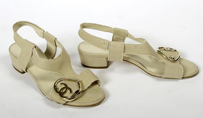 Chanel-Woven cloth sandals with gold logo buckle, size: Chanel-Woven cloth sandals with gold logo buckle, size 37 1/2