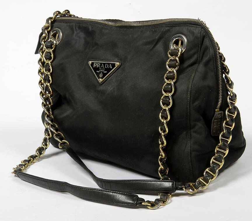 Prada-Canvas purse with gold and leather intertwined: Prada-Canvas purse with gold and leather intertwined strap