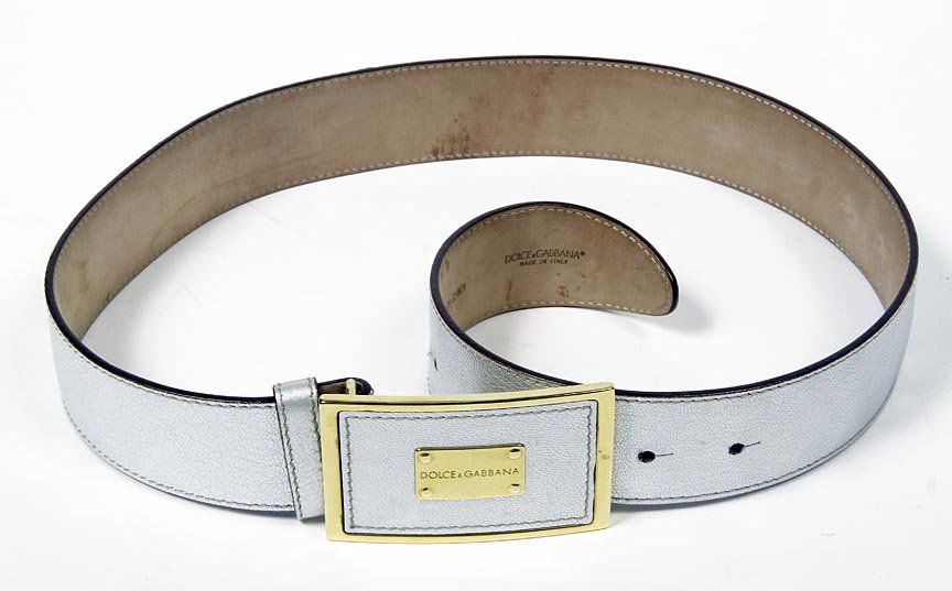 Dolce and Gabbana-Gorgeous silver colored leather belt: Dolce and Gabbana-Gorgeous silver colored leather belt with a gold framed logo in the center, size 80/32 For waist up to 30".