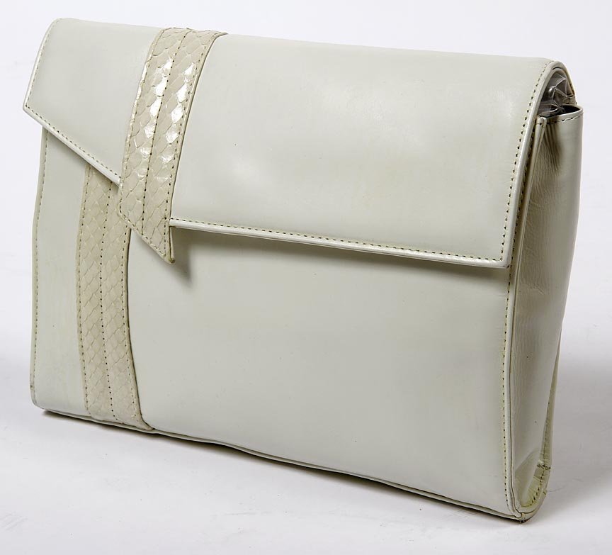 Marshall Fields-White leather purse with tan snake skin: Marshall Fields-White leather purse with tan snake skin decoration and a leather corded strap