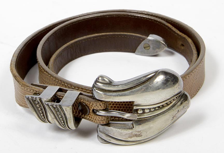 Barry Kieselstein-Leather belt with metal buckle: Barry Kieselstein-Leather belt with metal buckletip to end of buckle 39.5"