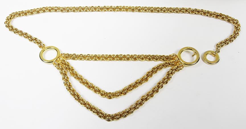 Paloma Picasso-Gold linked belt with logo on circular: Paloma Picasso-Gold linked belt with logo on circular buckle36"