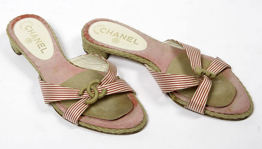 Chanel-Woven low heel sandals with candy cane straps: Chanel-Woven low heel sandals with candy cane straps with logo, size 37 1/2