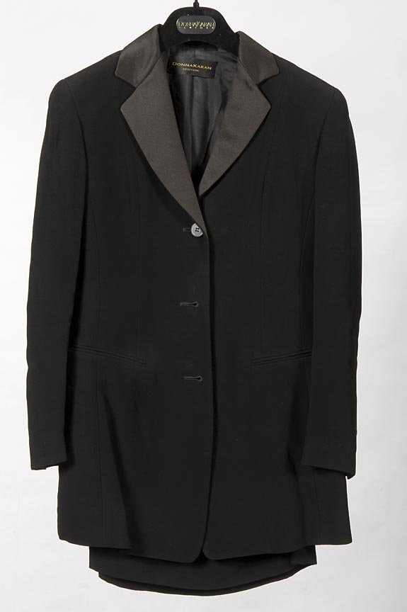 Donna Karan black rayon three button tuxedo jacket and: Donna Karan black rayon three button tuxedo jacket and skirt, size 4