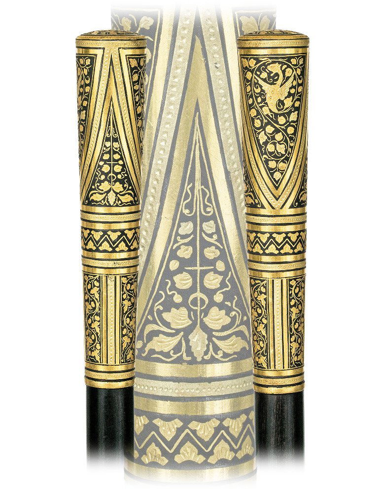 14. Toledo Damascene Steel and Gold Dress Cane-Ca.: 14. Toledo Damascene Steel and Gold Dress Cane-Ca. 1880-Toledo damascene handle fashioned in an elongated and slightly tapering plain shape with a round top and encrusted with dense 24 karat gold wire