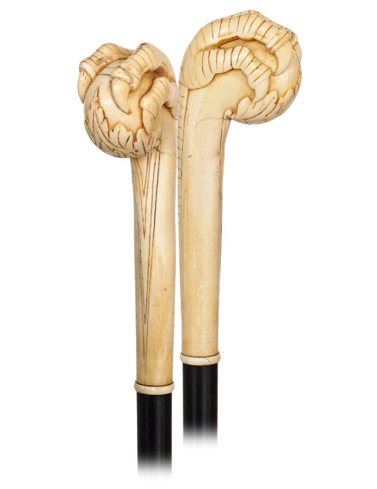 39. Ivory Ball and Claw Cane-Ca. 1870-One-of-a-kind: 39. Ivory Ball and Claw Cane-Ca. 1870-One-of-a-kind ivory ball and eagle claw cane in giant size and quality, ebony shaft with a plain turned ivory collar ring and a stag horn ferrule. It has an exper