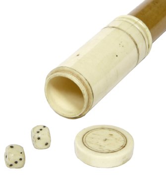 Ivory Gambler’s Cane- Late 19th Century-A gambler’s can: Ivory Gambler’s Cane- Late 19th Century-A gambler’s cane containing dice with a screw off top, malacca shaft and an ivory ferrule-H. 2 ¾” x 1”, O.L. 33 ¼”