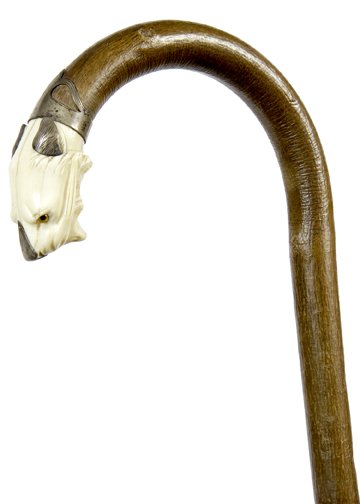 Tiger Dress Cane-Ca. 1880- A carved tiger dress cane wi: Tiger Dress Cane-Ca. 1880- A carved tiger dress cane with two color glass eyes, silver for ears and nose, Art Nouveau style silver collar, one piece natural branch shaft and a horn ferrule-H. 5 ½” 