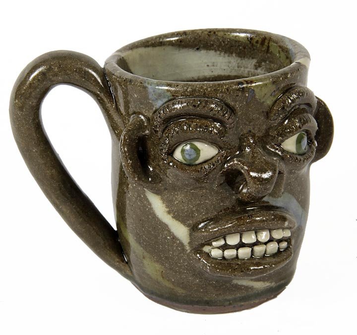 Outsider Art - Joe Reinhart-Face Mug-Glazed ad fired: Outsider Art - Joe Reinhart-Face Mug-Glazed ad fired clay, 4 1/2" tall
