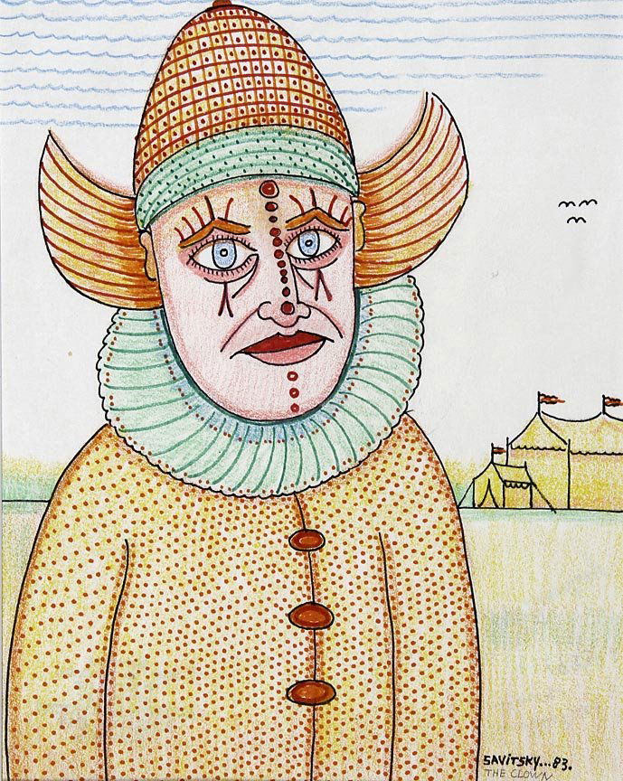 Outsider Art - Jack Savitsky-The Clown-Pencil and: Outsider Art - Jack Savitsky-The Clown-Pencil and pastel on paper, 1983, 16 x 20
