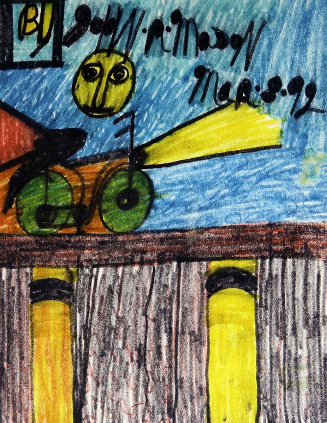Outsider Art - John Mason-Smiley on a Bike-Marker on: Outsider Art - John Mason-Smiley on a Bike-Marker on paper, 11 x 9
