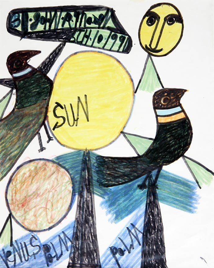 Outsider Art - John Mason-Venus, Sun, Birds-Paint on: Outsider Art - John Mason-Venus, Sun, Birds-Paint on paper, 14 x 17