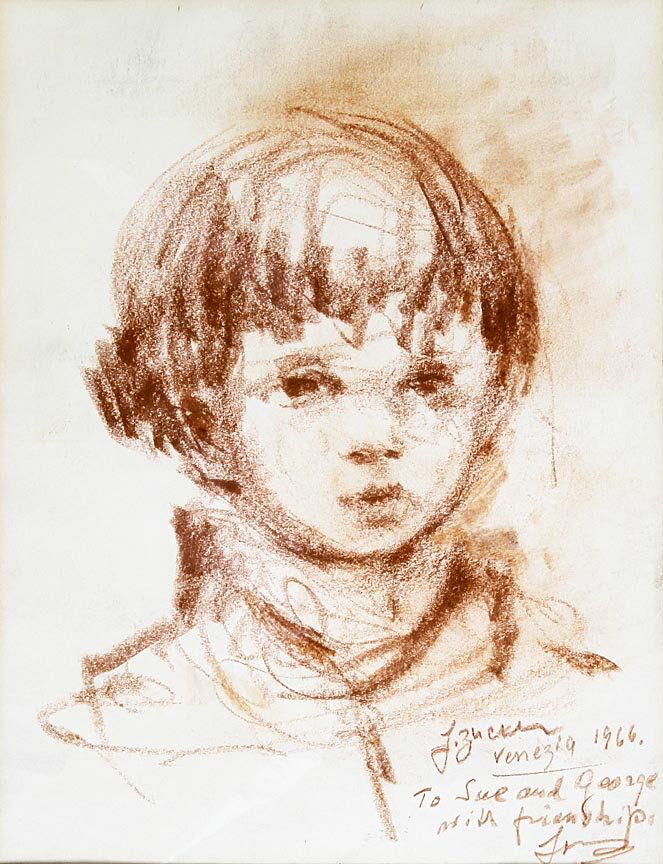 Outsider Art - Jacques Zucker-1966-Conte' on paper-: Outsider Art - Jacques Zucker-1966-Conte' on paper- Signed and dated, "To Sue and George with Friendship", 10 x 13