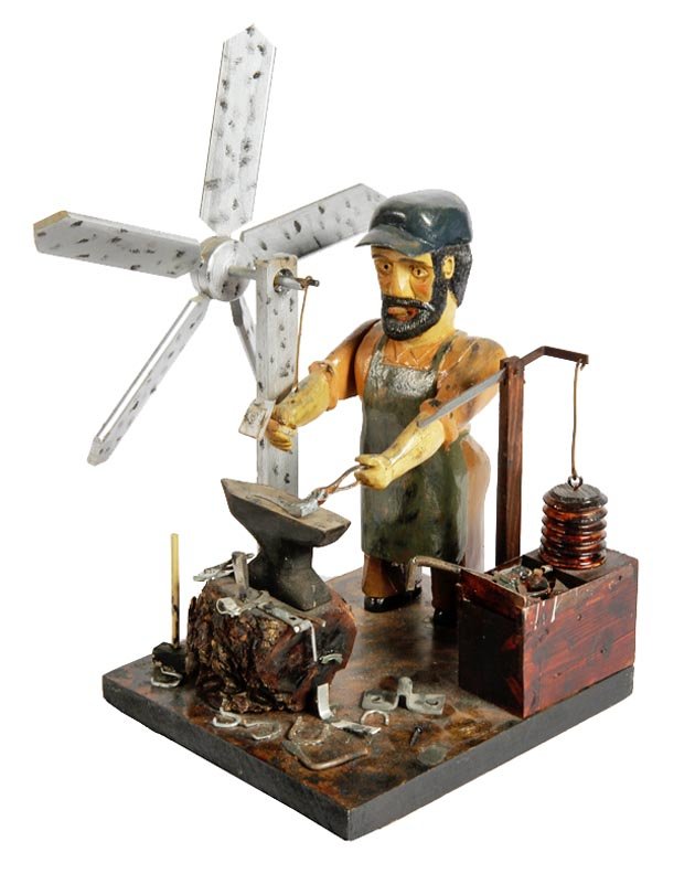 Outsider Art - John Bambic-Blacksmith Whirligig-Carved: Outsider Art - John Bambic-Blacksmith Whirligig-Carved and painted wood, 8 x 14 1/2 x 8