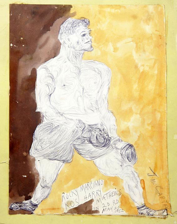 Outsider Art - Justin McCarthy-Rocky Marciano Boxing: Outsider Art - Justin McCarthy-Rocky Marciano-Pen and watercolor on paper, signed, 9 x 12