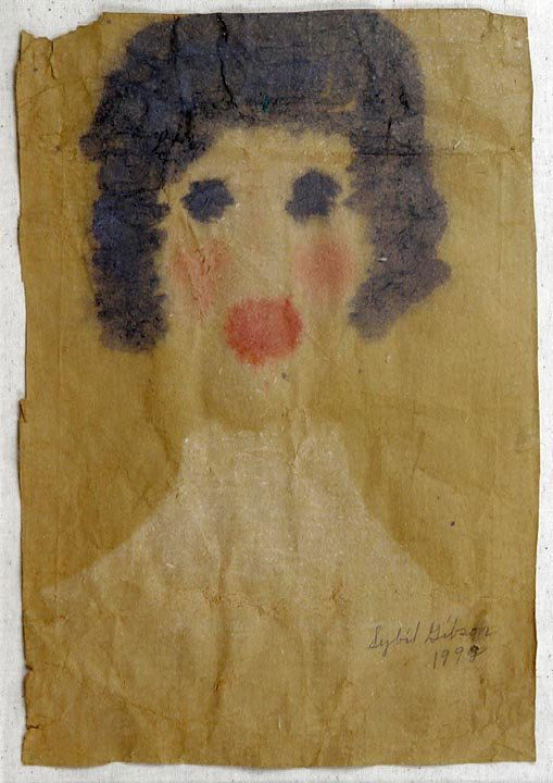 Outsider Art - Sybil Gibson-Self Portrait-Paint on: Outsider Art - Sybil Gibson-Self Portrait-Paint on paper bag, framed under glass, 19 1/2 x 13 signed and dated 1992