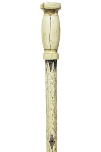 15. Nautical Whalebone Cane-Ca. 1840-A carved whalebone: 15. Nautical Whalebone Cane-Ca. 1840-A carved whalebone handle with an abalone disc atop, inlaid abalone in the ¾” whalebone shaft, pair of coin silver diamond shaped eyelets, six sided to round