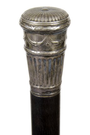 21. Silver Dress Cane-Late 19th Century-An ornate: 21. Silver Dress Cane-Late 19th Century-An ornate silver metal handle with fluted columns and drapes, hallmarked but unreadable except for the letters O X, 1” ebony shaft and a brass ferrule-H. 1 ¼
