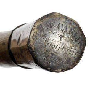 22. Presidential Hickory Cane-Dated 1880-A Nashville: 22. Presidential Hickory Cane-Dated 1880-A Nashville presentation cane with a hickory shaft which was cut from a tree at the Hermitage, Andrew Jackson’s home, presentation atop the silver handle