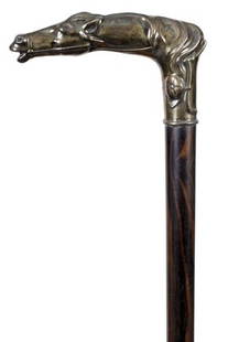 23. Horse Racing Cane-Early 20th Century-A signed 800: 23. Horse Racing Cane-Early 20th Century-A signed 800 silver cast horse racing handle with saddle, hat, etc. in near mint condition, small silver collar, exotic wood shaft and a horn ferrule-H. 5”