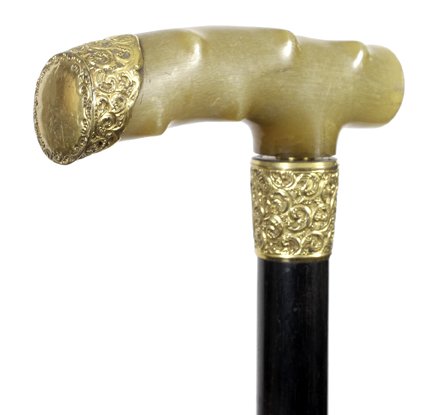 59. Victorian Dress Cane-Ca. 1870-A large carved horn: 59. Victorian Dress Cane-Ca. 1870-A large carved horn handle with twig spurs, a gold-filled ornate endplate, ornate gold-filled presentation collar, ebony shaft and a metal ferrule-H. 4 ½” x 1 3/8�