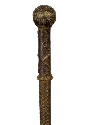 62. Nautical Bludgeon Cane-Ca. 1850-A heavily weighted: 62. Nautical Bludgeon Cane-Ca. 1850-A heavily weighted handle which would double as a weapon, various nautical knots and weaves, flexible shaft and a 2” horn and metal ferrule-H. 1 ½” x 4 ½”, 