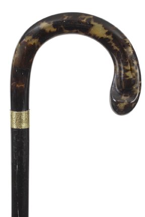 129. Tortoise Dress Cane-Ca. 1890-A very nice Art: 129. Tortoise Dress Cane-Ca. 1890-A very nice Art Nouveau example, signed 18 kt collar, ebony shaft and a horn ferrule-H. 4 ½” x 3 ½”, O.L. 36”