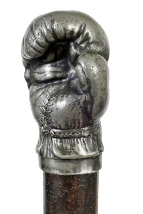 133. Boxing Cane-Early 20th Century-A Britannia metal: 133. Boxing Cane-Early 20th Century-A Britannia metal boxing glove, hardwood shaft and a metal ferrule-H. 2 ½” x 1 5/8”, O.L. 35 ½”