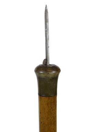 142. Flick Stick Cane-Ca. 1860-A working 3 ½” stiletto: 142. Flick Stick Cane-Ca. 1860-A working 3 ½” stiletto blade with brass attachments, buffalo horn handle, thick malacca shaft and a brass ferrule-H. 1 ¾” x 1 ¾’, O.L. 36”