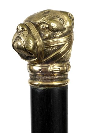 148. Boxer Dress Cane-Early 20th Century-A gold-filled: 148. Boxer Dress Cane-Early 20th Century-A gold-filled boxer with muzzle and collar, ebony shaft and a metal ferrule-H. 1 3/8” x 1 ½”, O.L. 34”