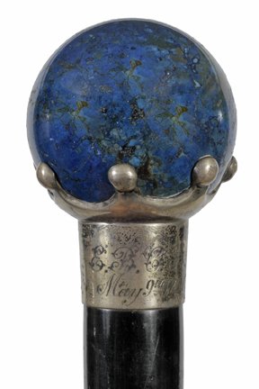 157. Blue Agate Dress Cane-Dated 1890-Century-A nice: 157. Blue Agate Dress Cane-Dated 1890-Century-A nice lapis color with a coin silver crown collar which is British hallmarked and dated 1890, ebony shaft and a metal ferrule-H. 1 ½” x 1 ½”, O.L.