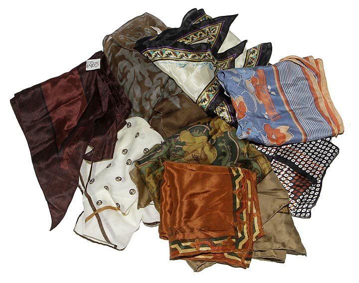 lot of approx. 10 scarves: lot of approx. 10 scarves silk and wool. labels include Anne Klein, Calvin Klein, Saks, etc.