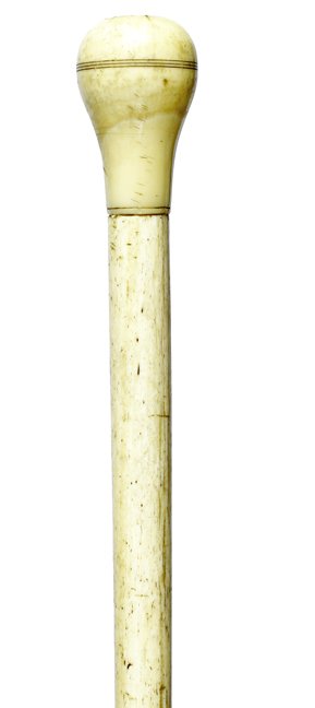 106. Whalebone Nautical Cane-Ca. 1860-A whale’s tooth: 106. Whalebone Nautical Cane-Ca. 1860-A whale’s tooth handle with scrimshaw work and an abalone disc atop, 5/8” whalebone shaft and never had a ferrule-H. 1 ¼” x 1 ¾”, O.L. 31”-$500-$600Ki