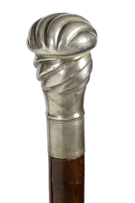 107. Gorham Silver Dress Cane-Ca. 1895-A signed: 107. Gorham Silver Dress Cane-Ca. 1895-A signed sterling handle with two levels of spiraling ribs with date marks, model number is 179 for Gorham, natural barked cherry shaft and a bi-metal ferrule-H.