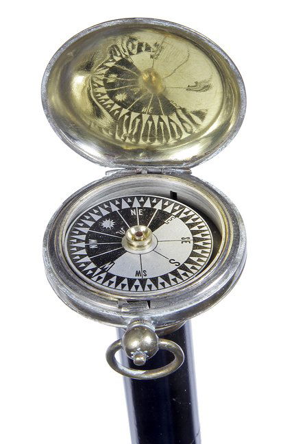 154. WWI Compass Cane-Early 20th Century-A Cruchon &: 154. WWI Compass Cane-Early 20th Century-A Cruchon & Emons of London working compass cane which has a gold plated top, probably an officer’s cane, ebony shaft and a metal ferrule-H. 2” x 1 ¼”,