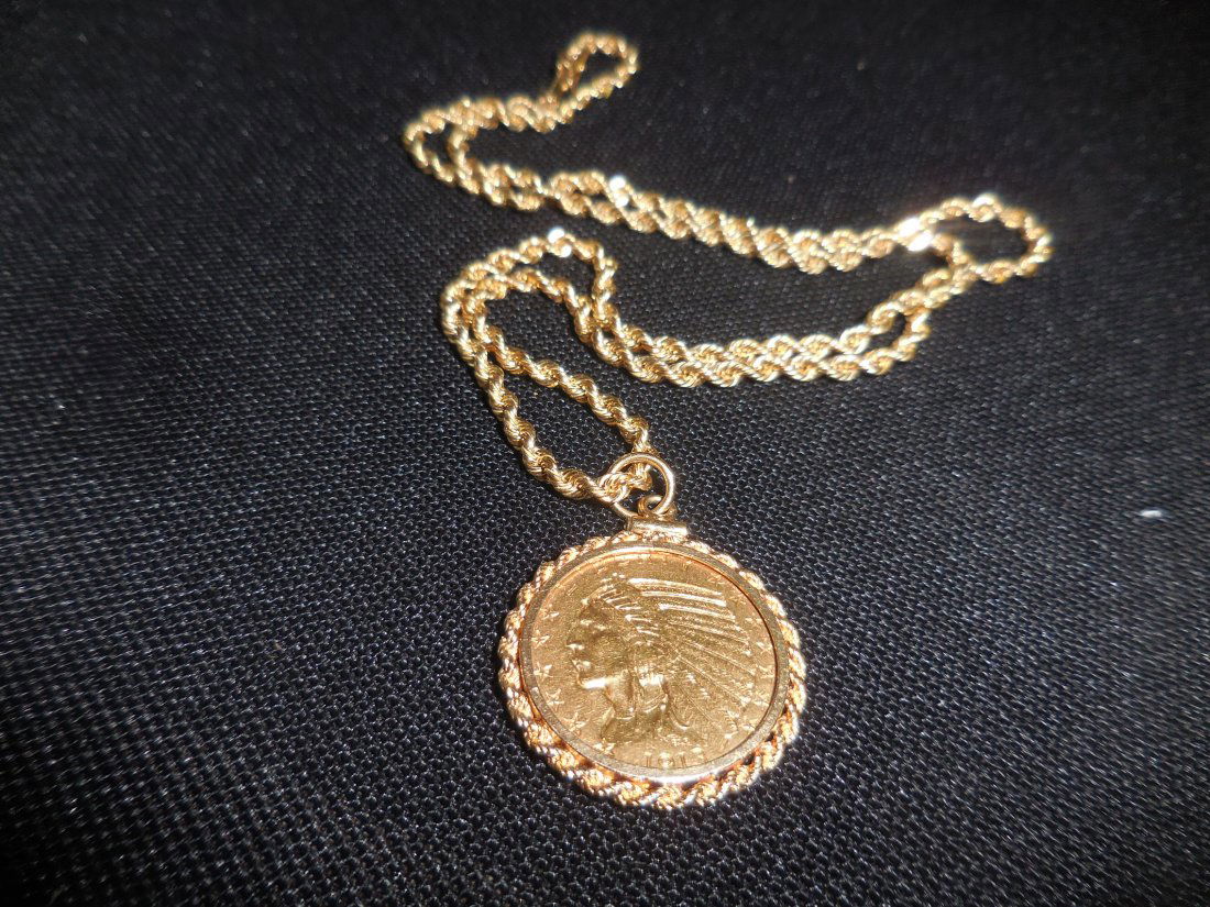 $5 US gold Indian Coin with gold bezel, 20" 14kt gold (1 of 1)