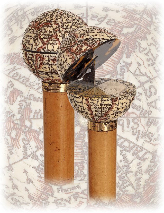 42. Ivory Globe and Sundial Cane-Ca. 1890-Ivory: 42. Ivory Globe and Sundial Cane-Ca. 1890-Ivory terrestrial globe cane accurately carved in scrimshaw technique with the continents and the oceans and their related appellations. The globe is hinged a