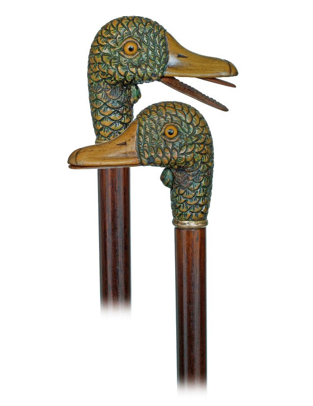  49. Automated Duck Head Cane-Ca. 1900-Fruitwood handle (1 of 7)