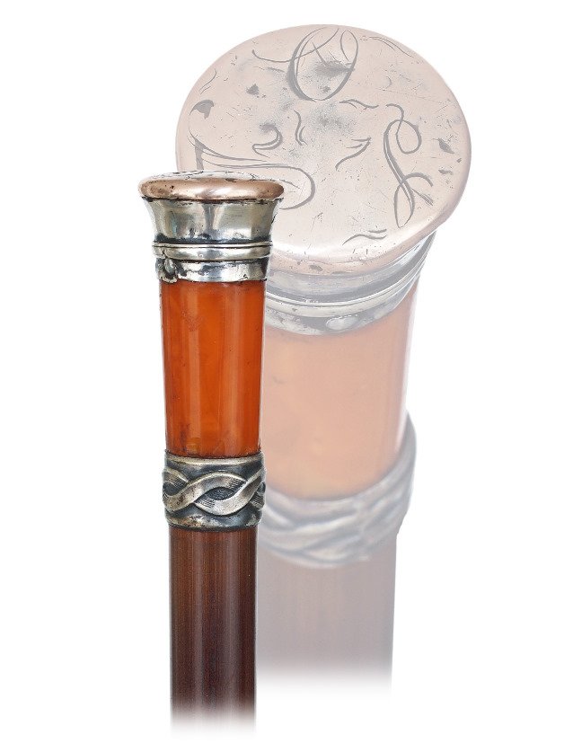  54. Early Amber Cane-Ca. 1840-Natural amber knob with (1 of 4)