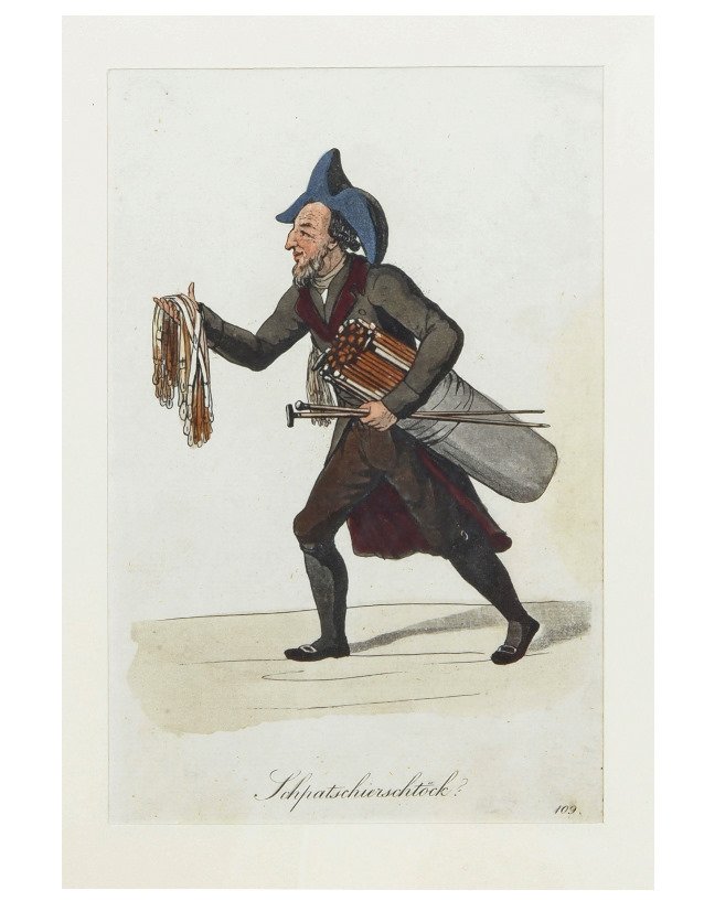  62. The Cane Seller-Ca. 1820-Original colored etching (1 of 2)