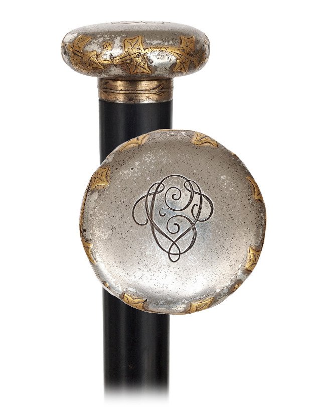  159. Gold on Steel Dress Cane-Ca. 1900-Round and (1 of 5)