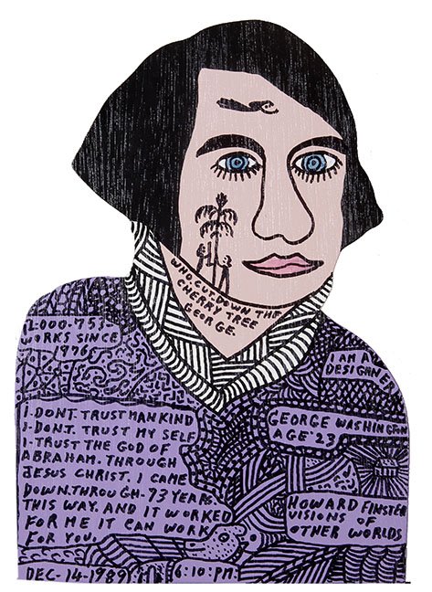 Outsider/Folk Art- Howard Finster "George Washington: Outsider/Folk Art- Howard Finster "George Washington Age 23". Paint on plywood. Works # 12-000-753, dated December 14th 1989, 6:10P.M. 14 3/4" x 10 1/2"