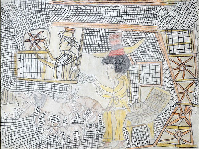 Outsider/Folk Art- Henry Speller "Cowboys and Dogs". (1 of 1)