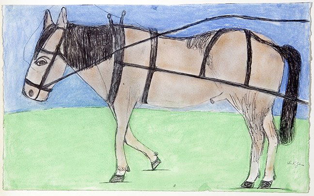 Outsider/Folk Art-S.L. Jones "Horse". Pastel and pen on (1 of 1)