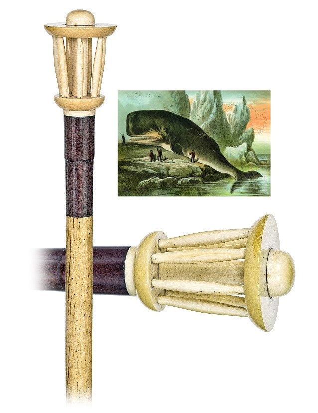 97. Intriguing Marine Cane-Ca. 1860-Sperm whale tooth: 97. Intriguing Marine Cane-Ca. 1860-Sperm whale tooth handle fashioned in the shape of a flanged spool in an open, cage-like shape with a cylindrical central pillar and seven spikes presented on an eq