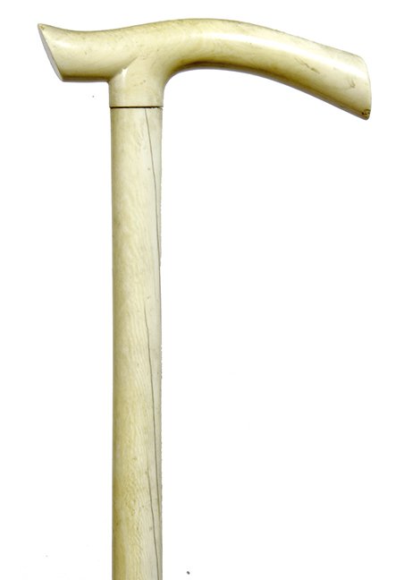 191. Whale Bone Dress Cane- Ca. 1880- A whale bone: 191. Whale Bone Dress Cane- Ca. 1880- A whale bone shaft and handle, in fine condition with original patina and a 2 ½“ metal ferrule, D. Of shaft- 7/8“ H.- 5 ¼“ x 1 ½“ O.L.- 38 ½“ $1200-