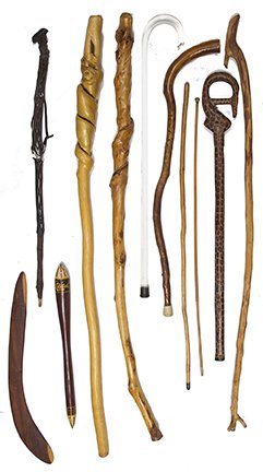 54. Johnny Winter Collection- 20th Century- A group of: 54. Johnny Winter Collection- 20th Century- A group of various folk art African and other canes, including a 50’s Lucite crook handle and a boomerang $250-$400 NOTE:The first 55 lots in this aucti